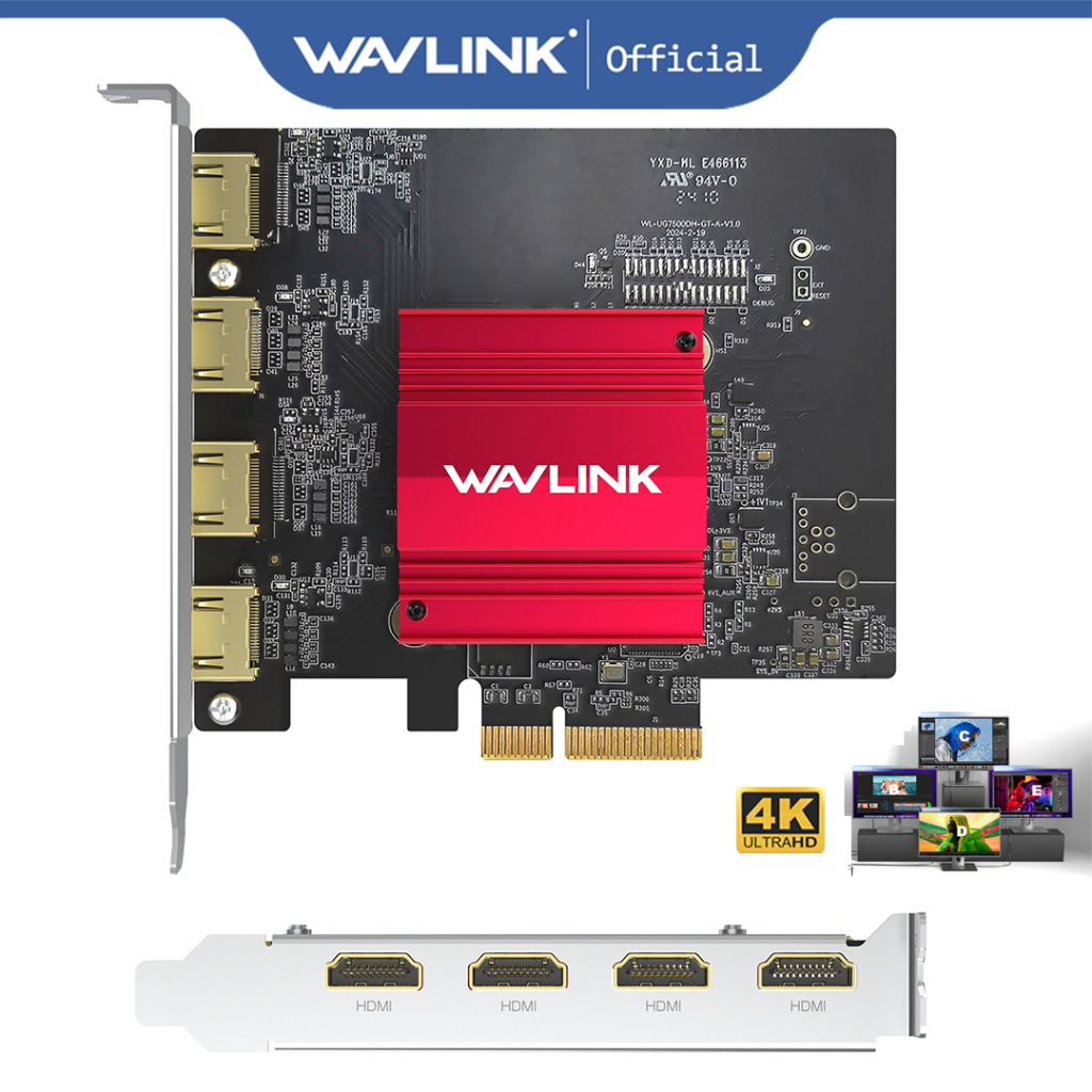 Wavlink PCIe ถึง Quad 4K HDMI กราฟิกการ์ด DisplayLink 4 พอร์ต HDMI การ์ดวิดีโอ PC พร้อมโปรไฟล์มาตรฐา