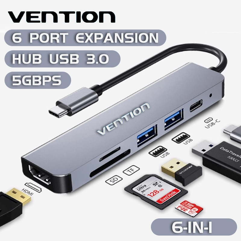 Vention Type C 6 พอร์ต Hub Usb 3.0 Splitter Slim ความเร็วสูง 5Gbps Otg สําหรับแผ่นแล็ปท็อปพีซี ประเภท C ถึง HDMI 4K Docking Station Usb Hub Type C อะแดปเตอร์ฮับ SD Card Reader สำหรับ Macbook air โน้ตบุ๊กพีซี