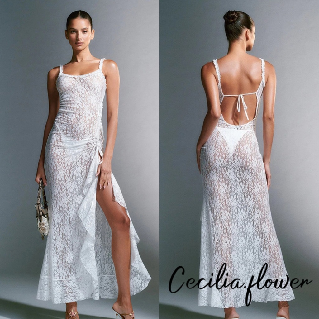 Wlmz-ผู้หญิงชุดเชียร์แขนกุดbackless Tie-up Ruffledดูผ่านลูกไม้ฤดูร้อนชุดกรีดยาว