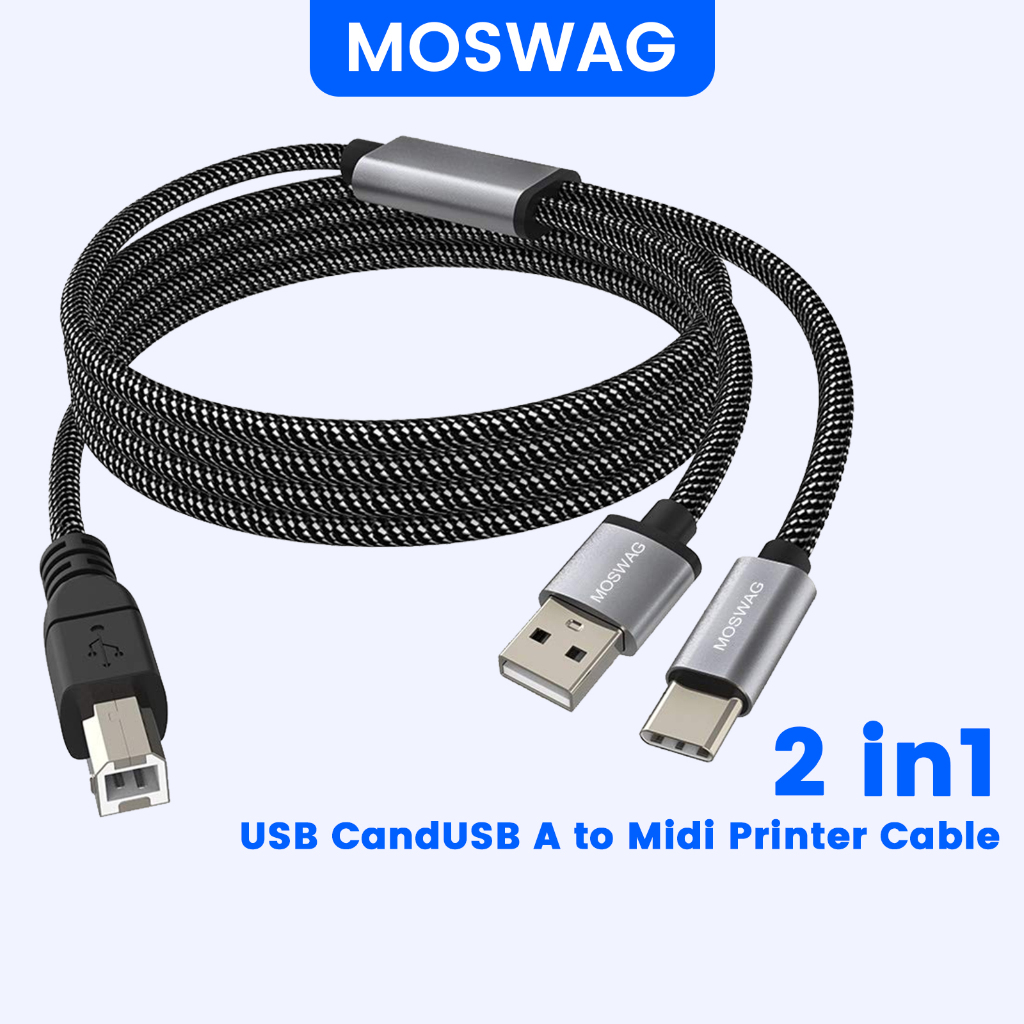MOSWAG 2in1 สายเครื่องพิมพ์ USB C เป็น USB B, สาย USB A-Male to B-Male เข้ากันได้กับเครื่องพิมพ์