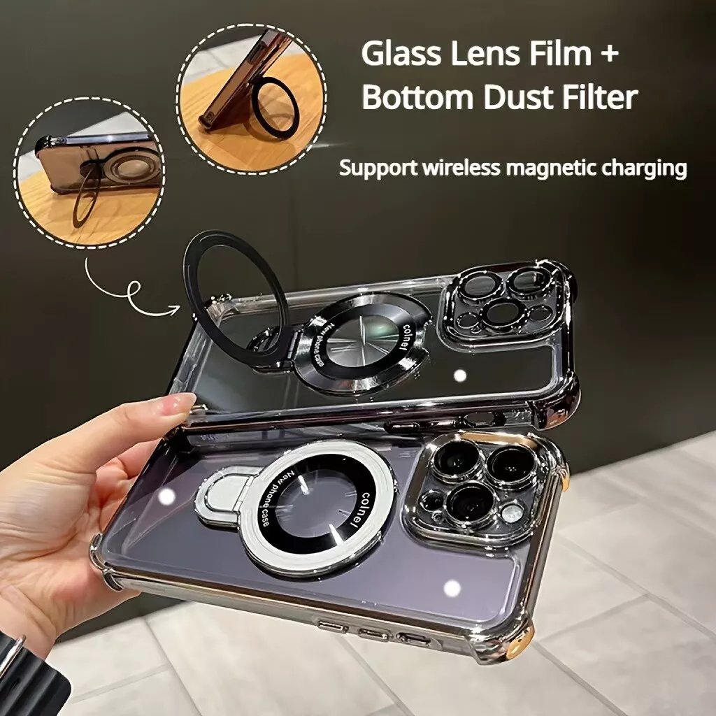 เคส compatible for Samsung Galaxy S25 S24 S23 S22 S21 Ultra Plus FE Electroplating Anti-Drop Magnetic Holder เคสโทรศัพท์พร้อมฟิล์มแก้วเลนส์