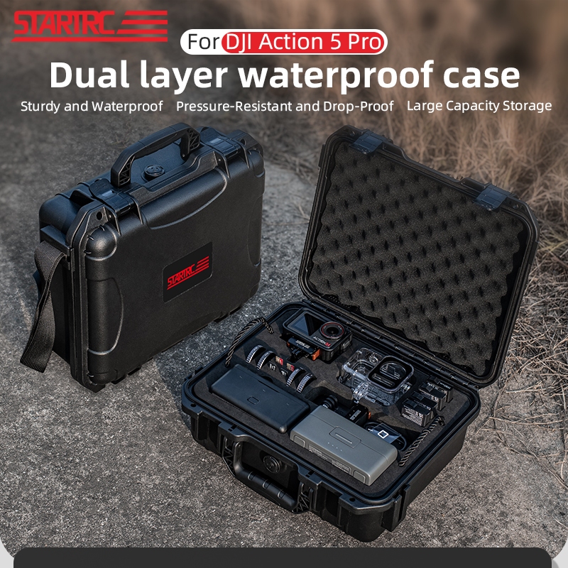 สําหรับกล่องเก็บกันน้ําสองชั้น DJI Action 5 Pro, กระเป๋าสะพายข้างแบบพกพา, ทนต่อการสึกหรอ, ป้องกันการตก, กล่องป้องกันการระเบิด, กล่องอุปกรณ์เสริมกล้องกีฬา DJI