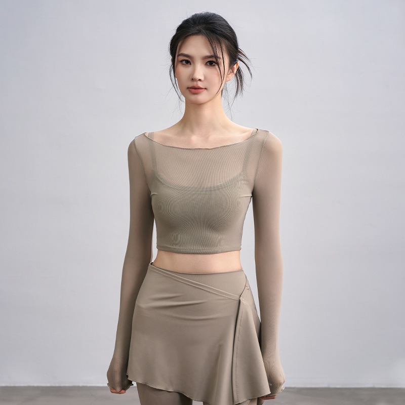 ปลอมสองชิ้นตาข่ายกีฬาเสื้อยืดผู้หญิงแขนยาวโยคะสวมใส่