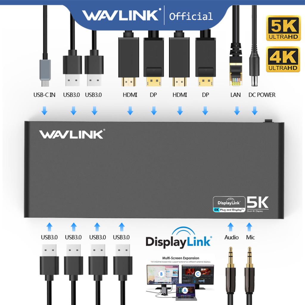 Wavlink USB Docking Station พร้อม Displaylink Chip Dual Display 4K HDMI รองรับแล็ปท็อปเดสก์ท็อป PC โ