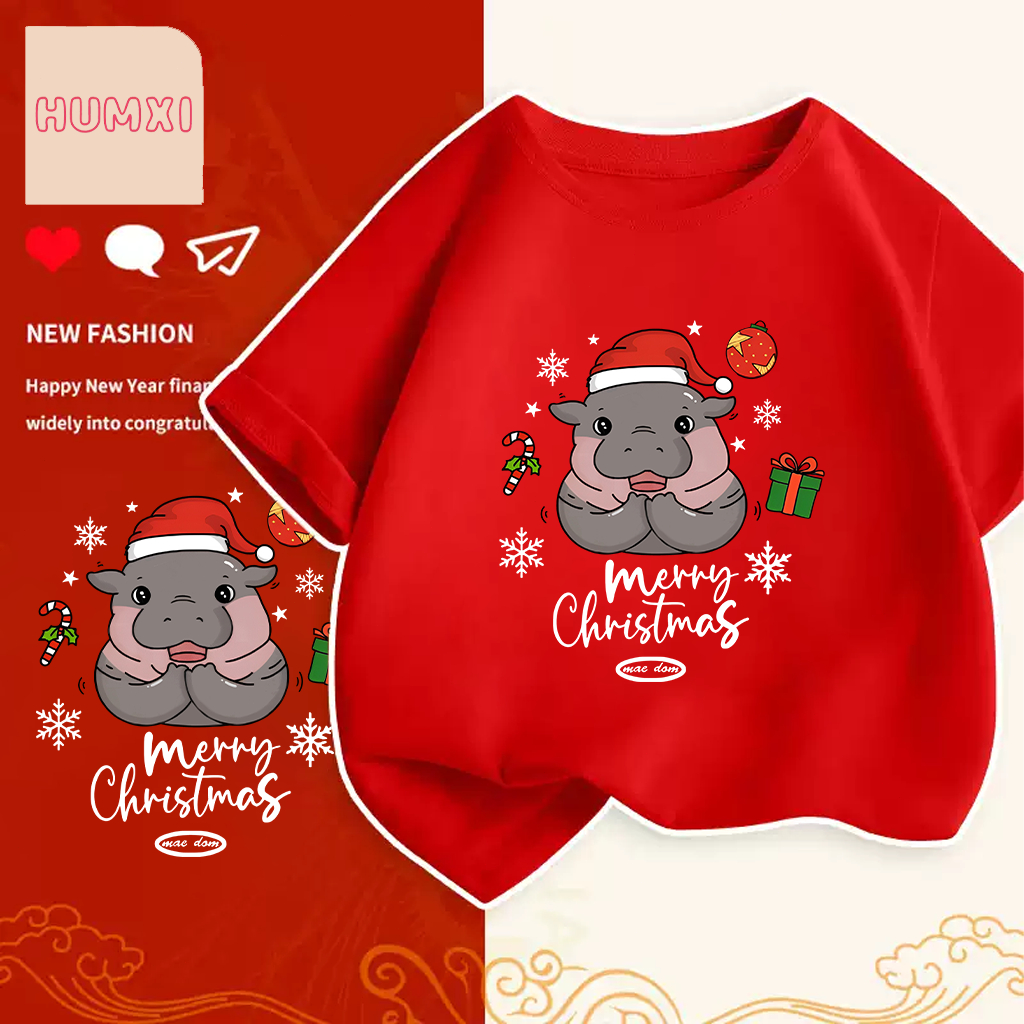 เสื้อคริสมาสต์ Happy New Year & Merry Christmas x Moodeng ลายน่ารักๆ ผ้า Cotton ใส่สบาย สีสันสดใส ขนาด S-5XL 100-150cm