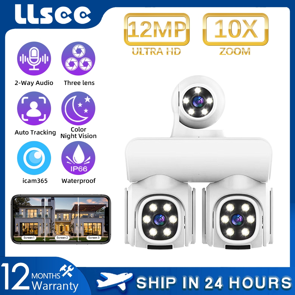 LLSEE 12MP 6K สามเลนส์ควบคุมโทรศัพท์มือถือหมุนกล้องกลางแจ้งไร้สายการเชื่อมต่อโทรศัพท์มือถือ WIFI 360 กล้องวงจรปิดกันน้ำการเคลื่อนไหวติดตามการตรวจจับสัญญาณเตือนภัยคืนวิสัยทัศน์ที่มีสีสัน