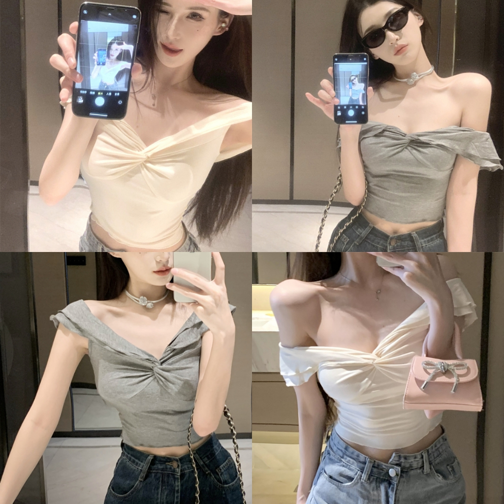 Luna Shop 🍒 สไตล์หวานๆ เสื้อยืด 💟 เสื้อครอปหน้าผูกปม จีบเข้ารูป เซ็กซี่