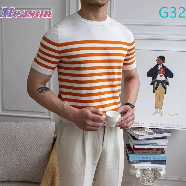 Meason cool T-Shirt™เสื้อยืดป้องกันเหงื่อและกลิ่น ผ้าถักยืดหยุ่น 20 สี [ลายทาง เสื้อยืด] M-3XL A39