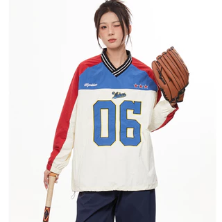 SUIKONE Suikeone อเมริกัน high street V คอแฟชั่นเสื้อฮู้ดดิจิตอลฤดูใบไม้ร่วง patchwork สี contrast เสื้อกีฬาแขนยาว