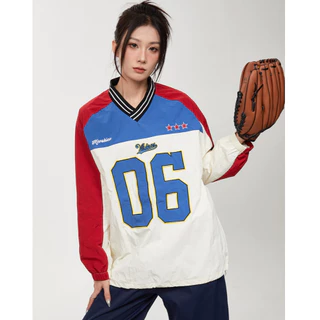 SUIKONE Suikeone อเมริกัน high street V คอแฟชั่นเสื้อฮู้ดดิจิตอลฤดูใบไม้ร่วง patchwork สี contrast เสื้อกีฬาแขนยาว