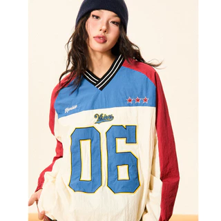 SUIKONE Suikeone อเมริกัน high street V คอแฟชั่นเสื้อฮู้ดดิจิตอลฤดูใบไม้ร่วง patchwork สี contrast เสื้อกีฬาแขนยาว