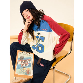 SUIKONE Suikeone อเมริกัน high street V คอแฟชั่นเสื้อฮู้ดดิจิตอลฤดูใบไม้ร่วง patchwork สี contrast เสื้อกีฬาแขนยาว