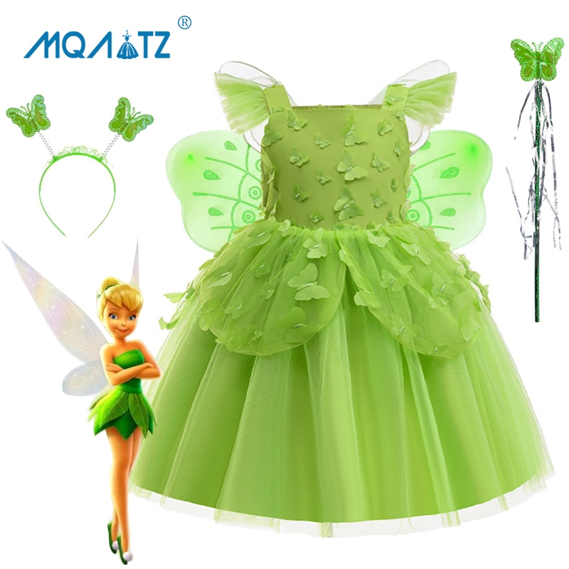 Mqatz Tinker Bell สาวคอสเพลย์ชุดวันเกิดเด็กเครื่องแต่งกายลูกไม้ชุดเจ้าหญิงสาวเสื้อผ้า AXJL03