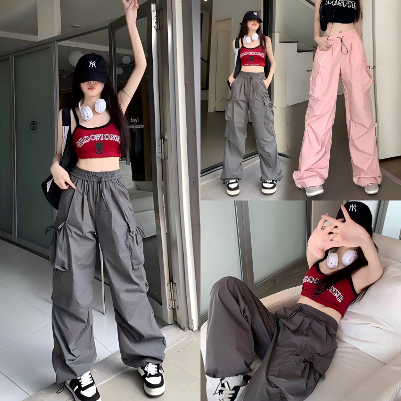 Sunny Beach ️ชุดเอี๊ยมอเมริกัน กางเกงลำลอง ผ้าสวม กางเกงขากว้างหลวมๆ ใส่สบาย สไตล์ย้อนยุค