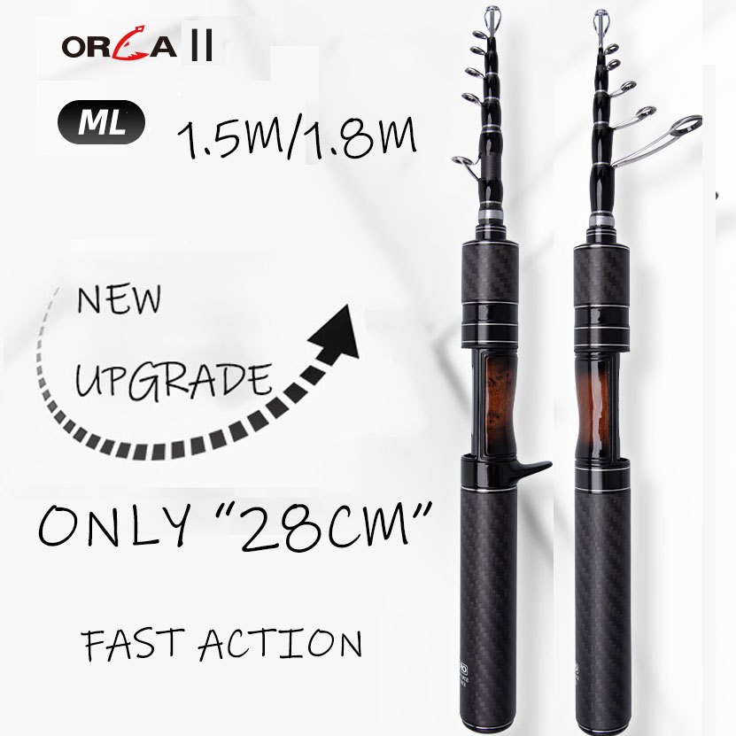 เพียง 28 ซม.เบ็ดตกปลาเดินทางแบบพกพาเต็มคาร์บอนแข็ง MINI เบ็ดตกปลา 1.5 M/1.8 M Fast Action แบบพกพาหด Spinning Rod/Baitcasting Rod