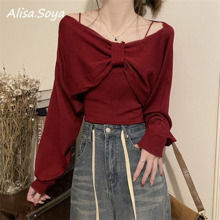 Alisa.sonya เสื้อสเวตเตอร์ถักนิตติ้งคอวีโบว์แขนยาว 2 ชิ้นสําหรับผู้หญิงเสื้อครอปและสายเดี่ยวถัก