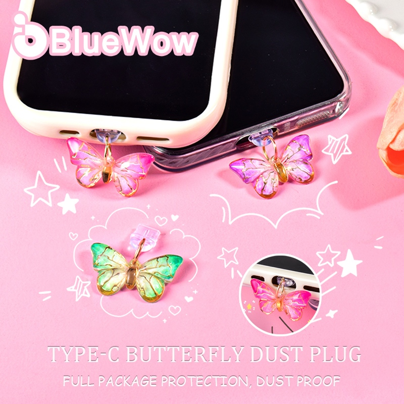 ปลั๊กกันฝุ่นผีเสื้อ BlueWow สําหรับพอร์ตชาร์จ Type-C, ฝาครอบป้องกันกันฝุ่น, อุปกรณ์เสริมป้องกันพอร์ตชาร์จมือถือ, อุปกรณ์เสริมมีสไตล์