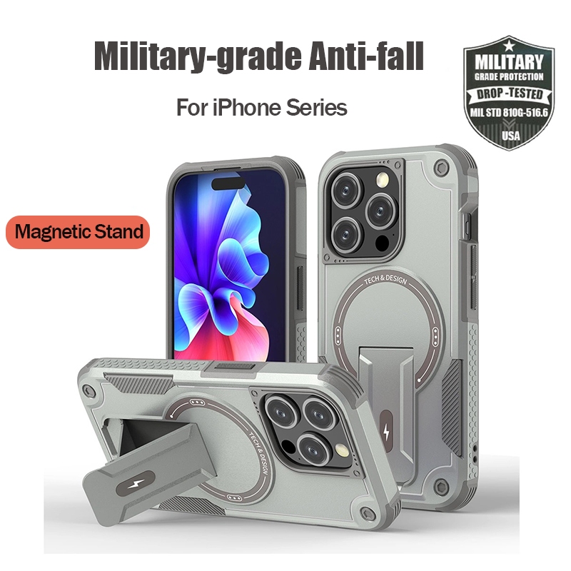 3 In 1 Magnetic Stand Armor Hardกันกระแทกเคสโทรศัพท์พร้อมขาตั้งสําหรับiPhone 16 15 14 Pro Max Plus 13 12 11 Pro Maxไร้สายชาร์จฝาครอบโทรศัพท์Anti-Fallเคสโทรศัพท์