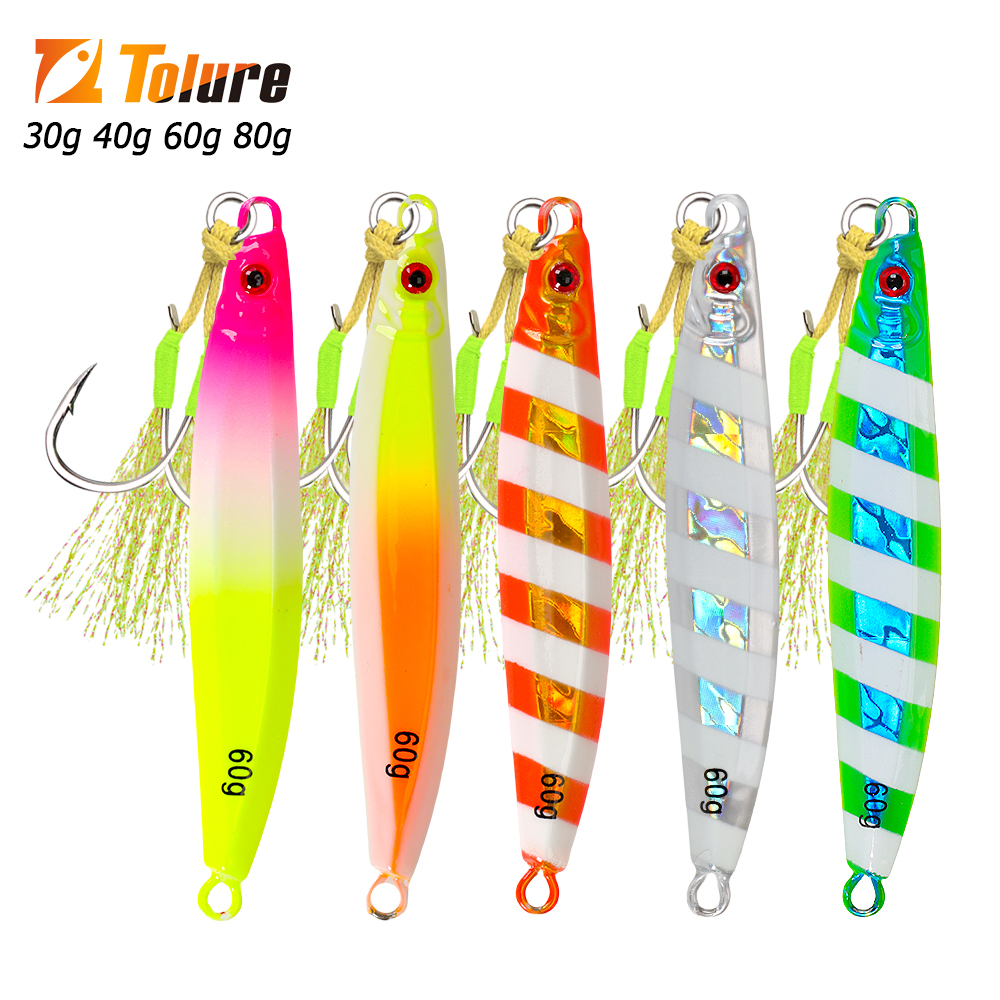 Tolure ใหม่ Jigging Lure 30g 40g 60g 80g 100g 1PC ช้า Sinking เลเซอร์เคลือบ Luminous Jig Lure พร้อมตะขอน้ําเค็มหล่อเหยื่อแข็ง