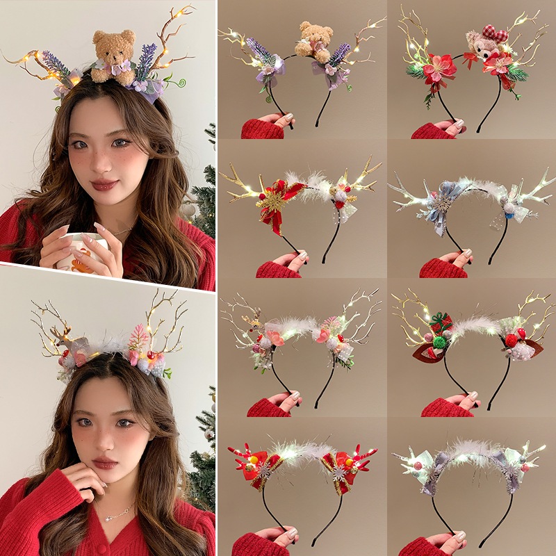 [นกกางเขน]ที่คาดผมเขากวางสีแดงคริสต์มาสสําหรับเด็กผู้หญิงและเด็กมัดผมเครื่องประดับผมน่ารักและส่องสว่าง