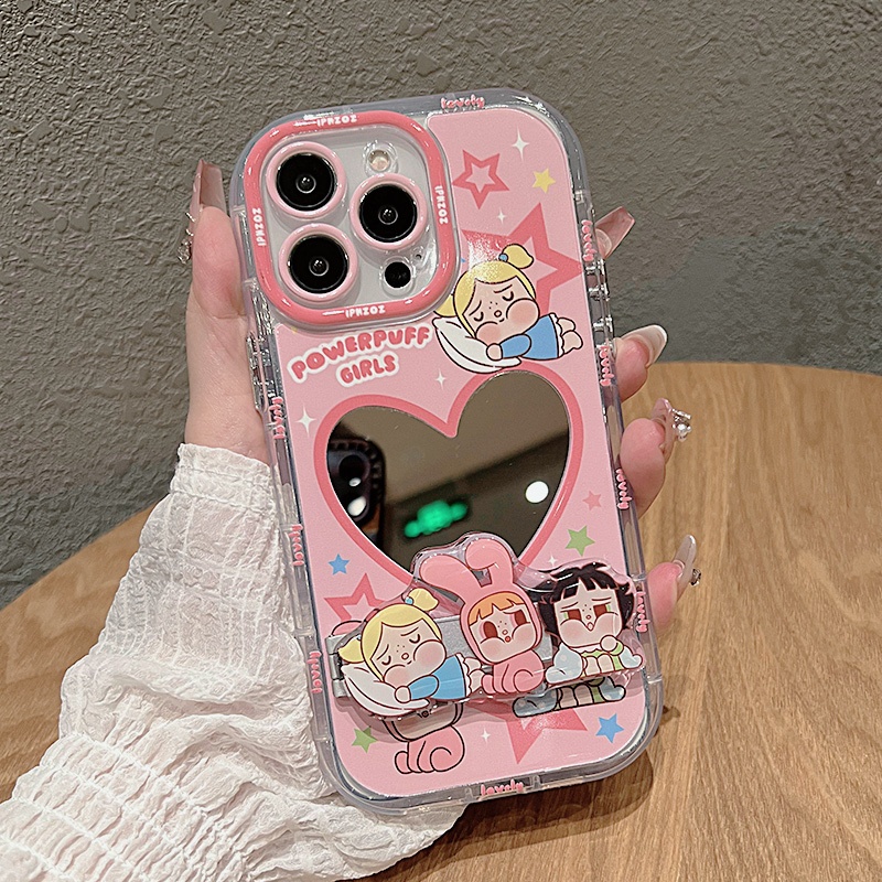 น่ารัก Make up Mirror Casing + Holder สําหรับ iPhone 11 16 15 14 13 12 Pro Xs Max XR X 7 8 Plus SE 2020 เคสการ์ตูน Soft TPU กันชนกันกระแทกเคสโทรศัพท์ป้องกันปกหลัง