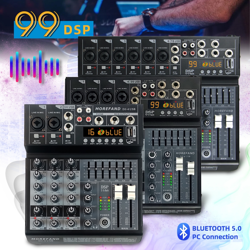 Propesyonal Audio Mixer 4/6/8 ช่อง EQ/การบันทึกฟังก์ชั่น Bluetooth USB Audio Mixer