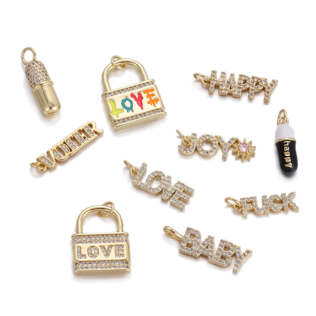 ใหม่อินเทรนด์ Shining Word ล็อค Pill Charm จี้ชุบทองฝัง Cubic Zirconia เครื่องประดับสร้อยคอสร้อยข้อมือทําอุปกรณ์