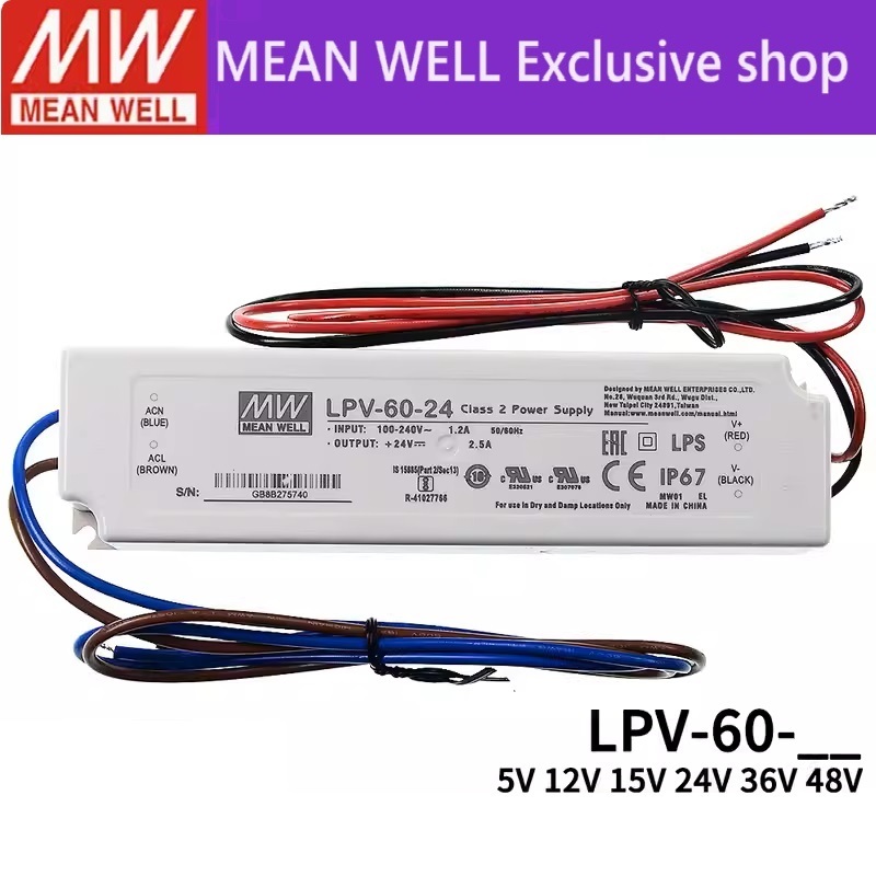 MEAN WELL LED แหล่งจ่ายไฟกันน้ํา LPV-60 LPV-60-5 LPV-60-12 LPV-60-15 LPV-60-24 LPV-60-36 LPV-60-48 6