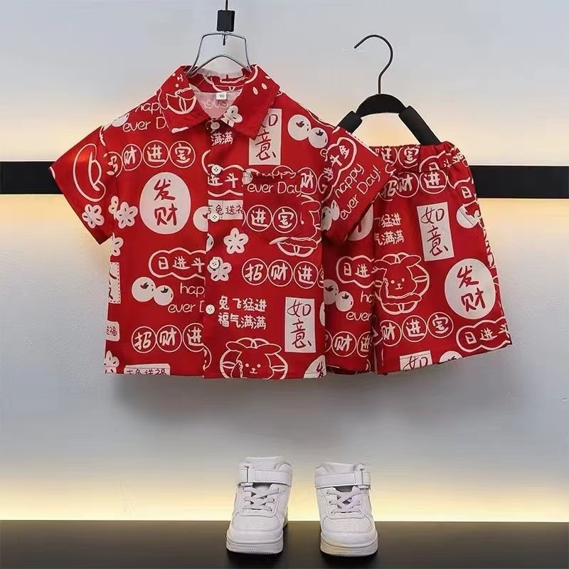 Cny Kids Chinese Red Hanfu Boys Summer Short Sleeve Breathable Tang Suit