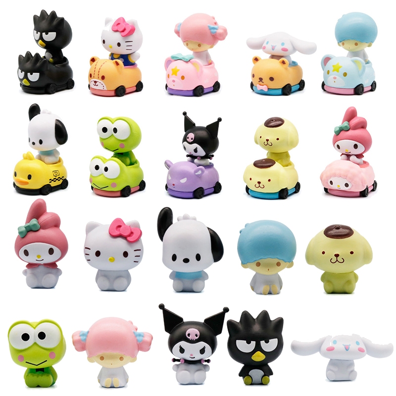 10 ชิ้น/เซ็ตอะนิเมะ My Melody รูปรถขนาดเล็ก Kuromi Cinnamoroll Pochacco Hello Kitty Pom Pom Purin Little Twin Stars รุ่น Q PVC ตัวเลขการกระทําตุ๊กตาของเล่น