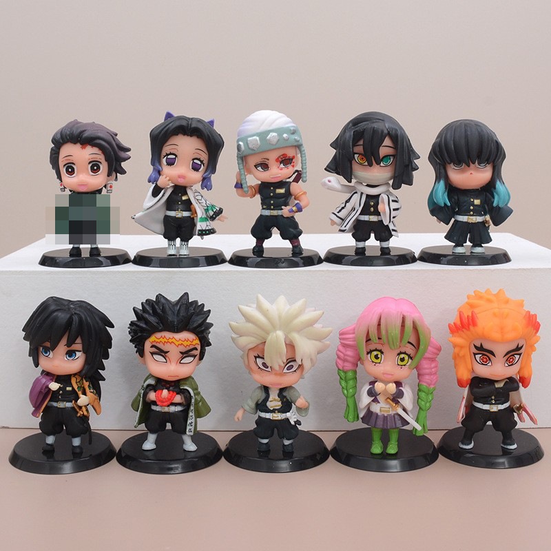 10 ชิ้น/เซ็ต 7.5 ซม.Anime Demon Slayer รูป Kamado Tanjirou Kisatsutai Uzui Tengen Kyoujurou Shinobu Mitsuri รุ่น Q PVC ตัวเลขการกระทําตุ๊กตาของเล่น