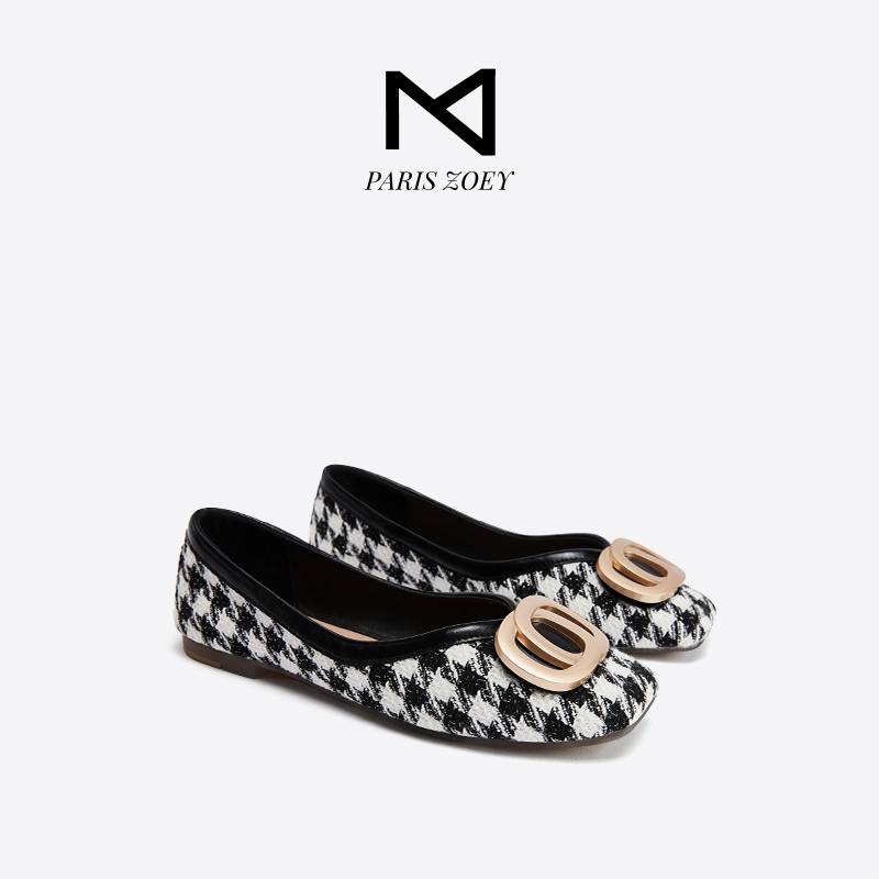 Paris Zoey รองเท้าส้นเตี้ยผู้หญิงลายสก๊อตสีดำและสีขาว สไตล์วินเทจรองเท้าผู้หญิงฝรั่งเศส