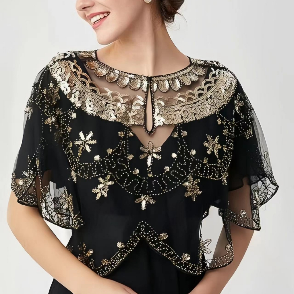 ผ้าคลุมไหล่เย็บปักถักร้อยเลื่อมบาร็อคหรูหรา - 1920s Flapper Party Cover Up - สีทึบและตาข่ายระบายอากาศ