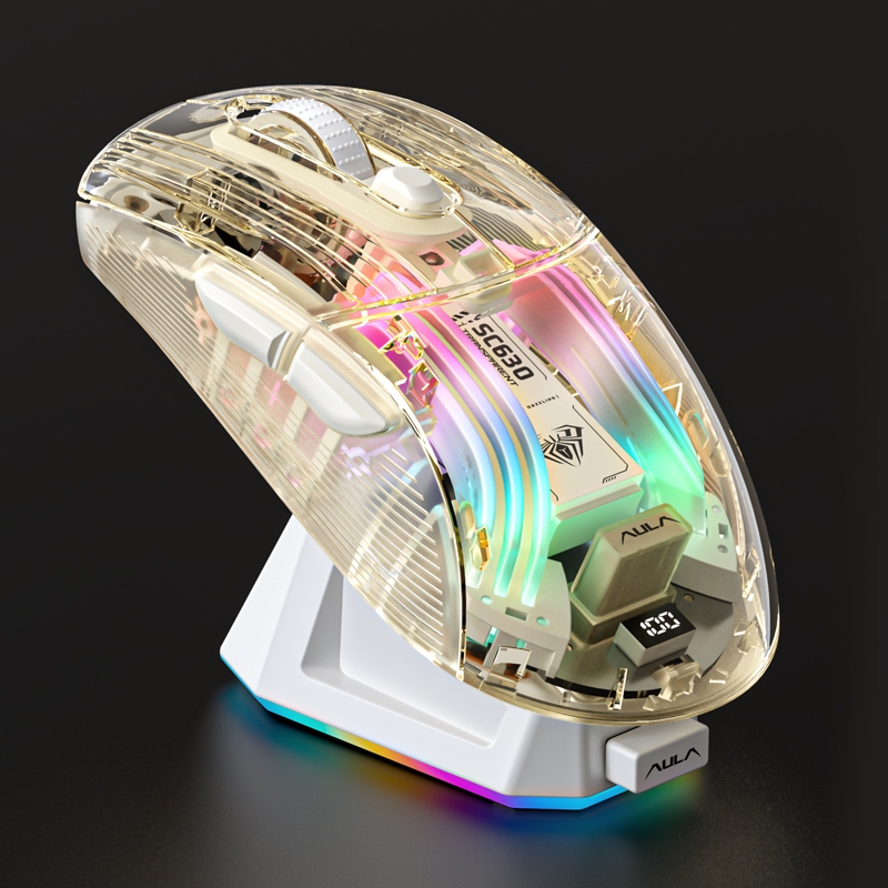 Aula SC630 เมาส์โปร่งใส Tri mode Luminous RGB ที่นั่งแม่เหล็กชาร์จ DPI1000-4000 เมาส์สําหรับเล่นเกม