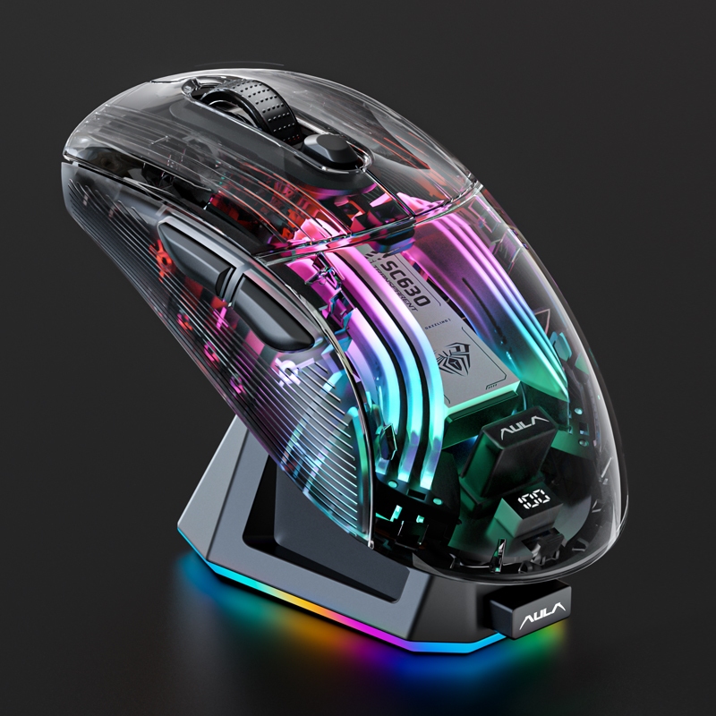 Aula SC630 เมาส์โปร่งใส Tri mode Luminous RGB ที่นั่งแม่เหล็กชาร์จ DPI1000-4000 เมาส์สําหรับเล่นเกม