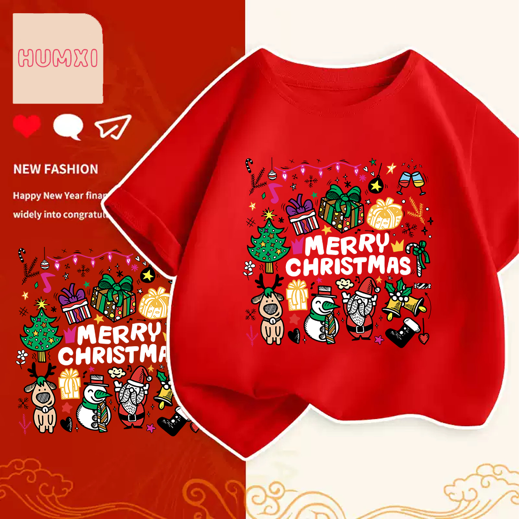 เสื้อคริสมาสต์ Happy New Year & Merry Christmas ลายน่ารักๆ ผ้า Cotton ใส่สบาย สีสันสดใส ขนาด S-5XL 100-150cm