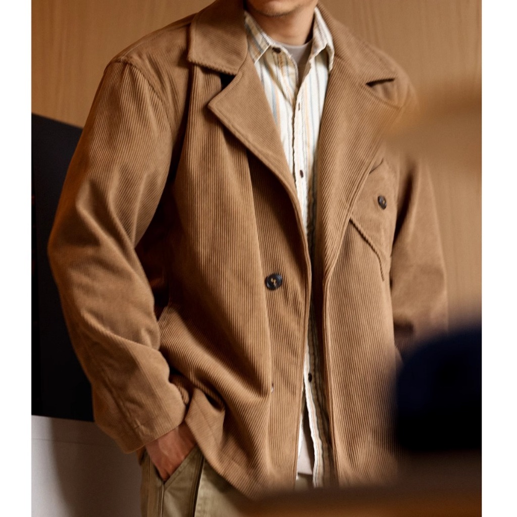 สไตล์ญี่ปุ่น Corduroy Blazer Men Patch Pocket Design Casual Retro French Light Mature Layered Jacket