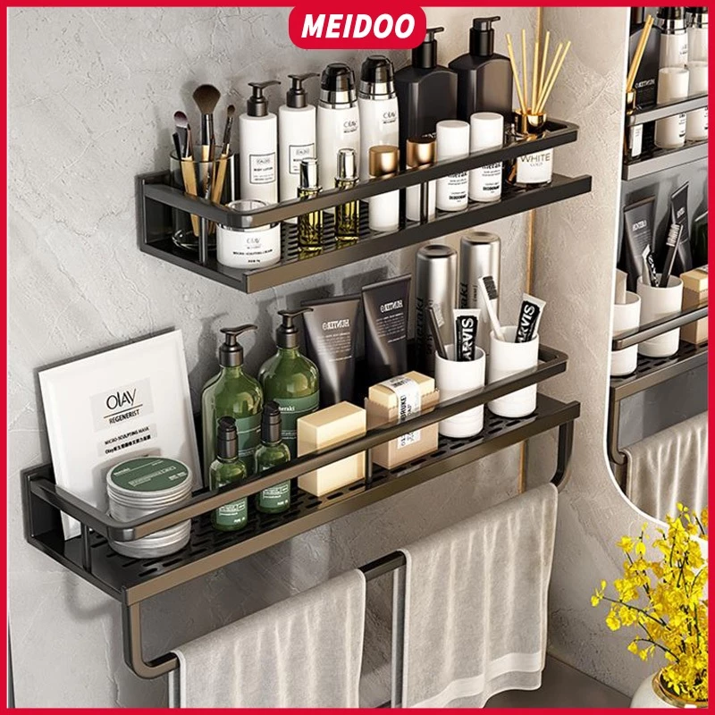 Meidoo ชั้นวางของในห้องน้ำ/ชั้นวางของอะลูมิเนียมโลหะ ชั้นวางเครื่องสำอา การติดตั้งแบบไม่ต้องเจาะ