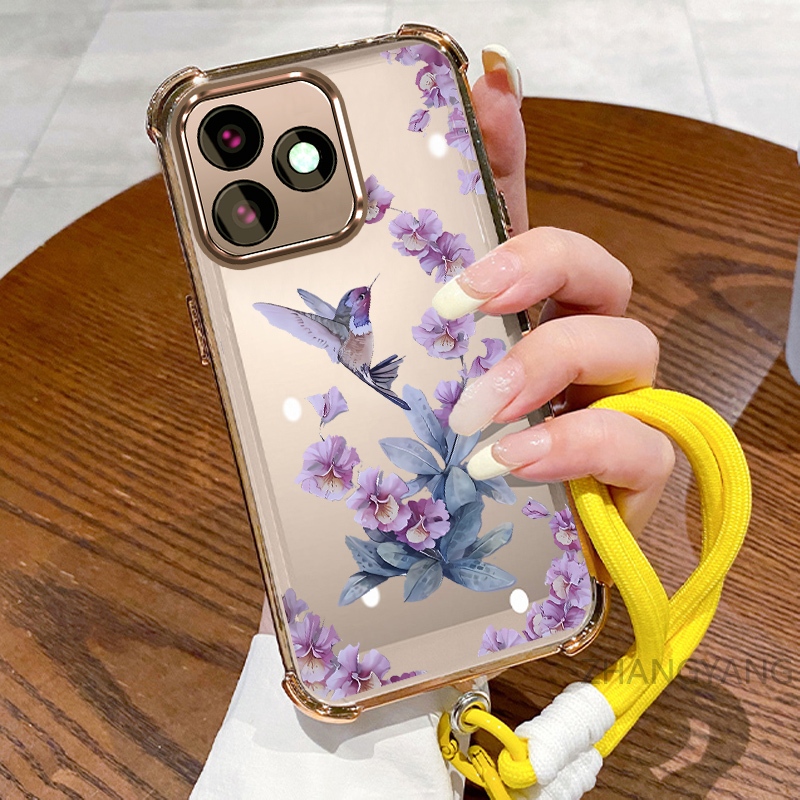 กรณีสําหรับ Redmi หมายเหตุ 14 หมายเหตุ 14 Pro Electroplating สี่มุม anti fall เคสโทรศัพท์ความงามดอกไม้รูปแบบ TPU นิ่มสําหรับฟรีเชือกแขวน