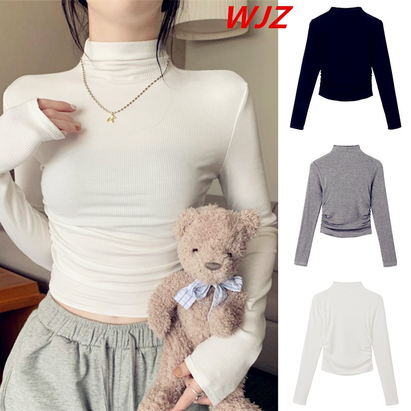 【WJZ】เสื้อยืดคอเต่าแขนยาวแฟชั่นสตรีสีทึบ【6896】