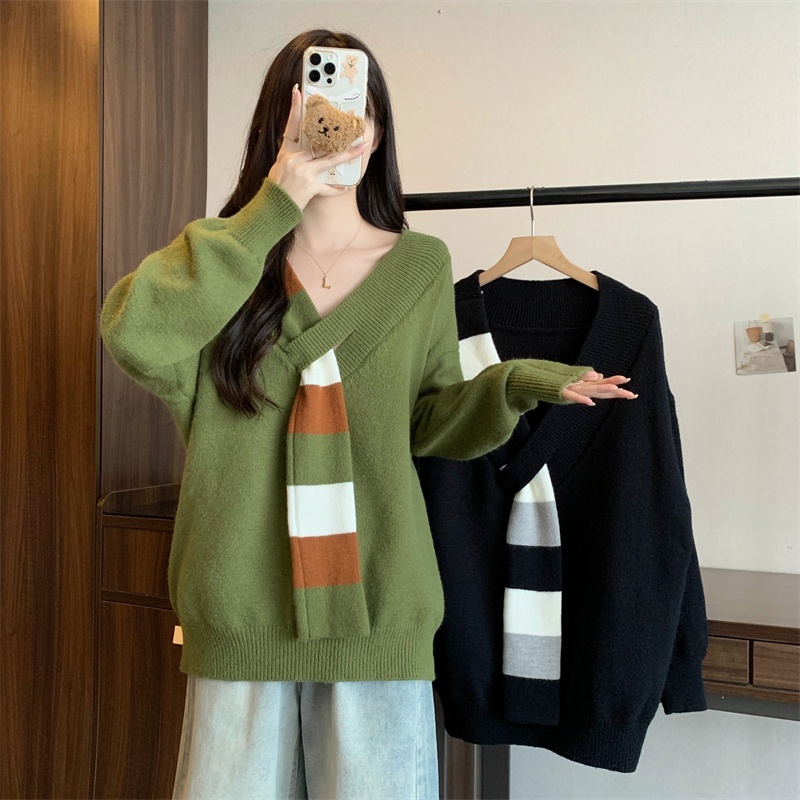 Hermarou เสื้อกันหนาวผู้หญิงถักแขนยาวคอวีแถบด้านบนเสื้อหลวมการออกแบบสองชิ้นปลอม