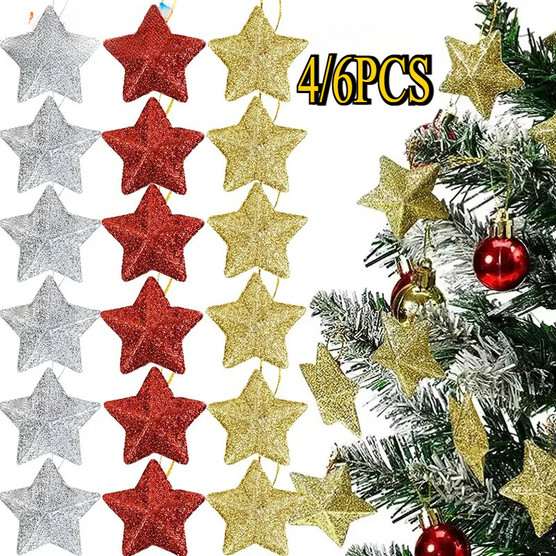 4 ชิ้นต้นคริสต์มาสแขวนจี้ทอง Glitter Star - Party เครื่องประดับตกแต่งบ้าน - DIY Silver Gold Pentagram แขวนดาวตกแต่ง