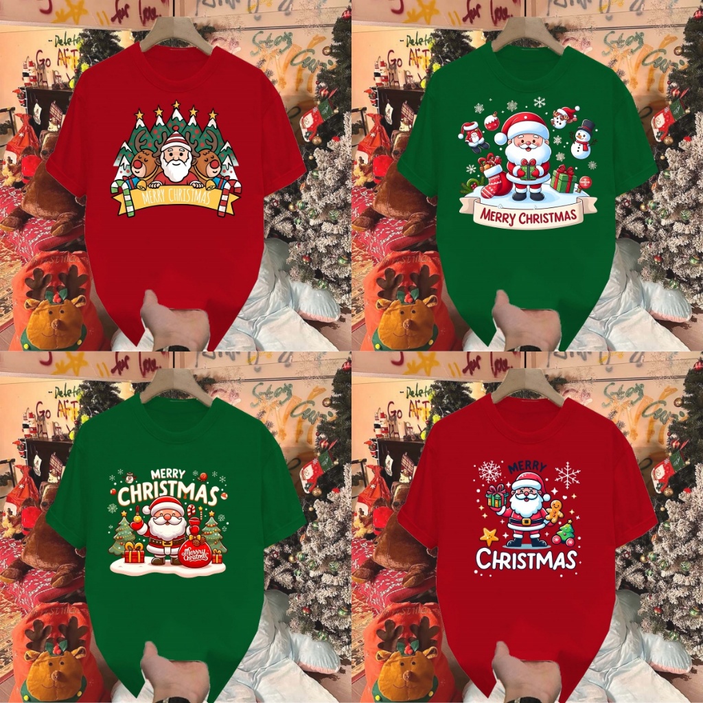 เสื้อคริสมาสต์ แขนสั้นที่ทำจากผ้าฝ้ายแท้จะไม่หดตัวหรือยับ Merry Christmas&Happy New Year unisex'Shirt#L084
