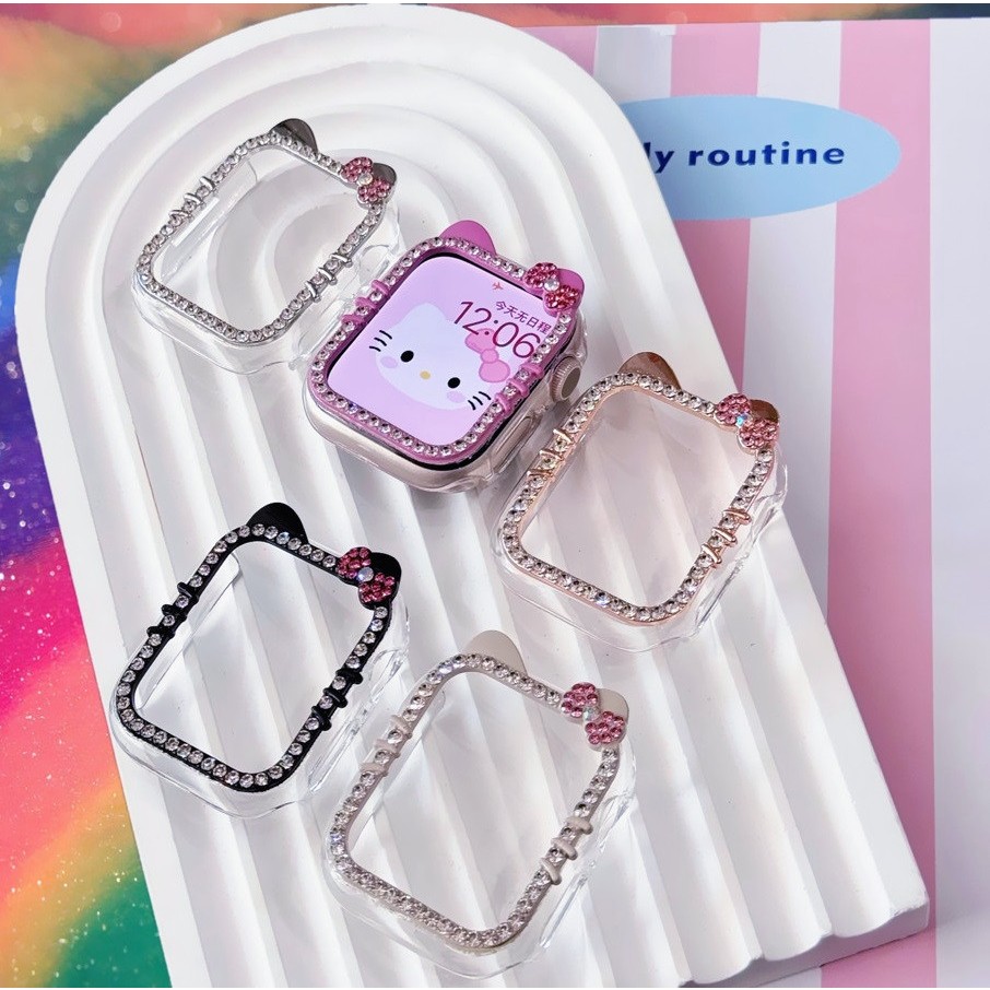 น่ารัก Kitty Diamond Watch Case สําหรับ i Watch Case Series 10 9 8 7 6 5 4 , se, se2 i สายนาฬิกาการ์ตูนสไตล์ i Watch Case ขนาด 41 มม. 45 มม. 40 มม. 44 มม. สายนาฬิกา iWatch Strap