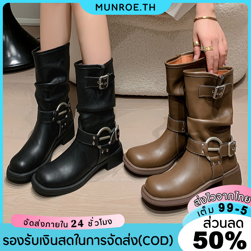 มาร์ตินรองเท้าบูทยาวปานกลางพร้อมหัวเข็มขัดผ้ายีนส์ตะวันตกรองเท้าผู้หญิงหนังนิ่มสีทึบย้อนยุค