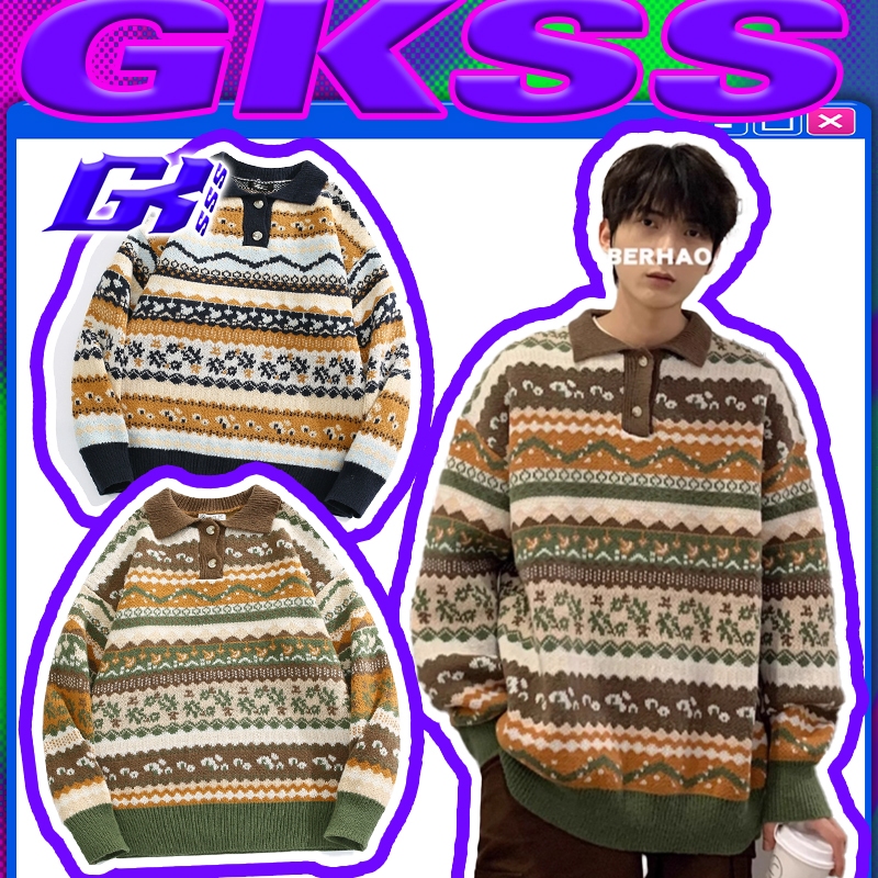 Gkss เสื้อกันหนาวเสื้อกันหนาวผู้ชายสไตล์ชาติพันธุ์ Retro พับคอปกด้านบน