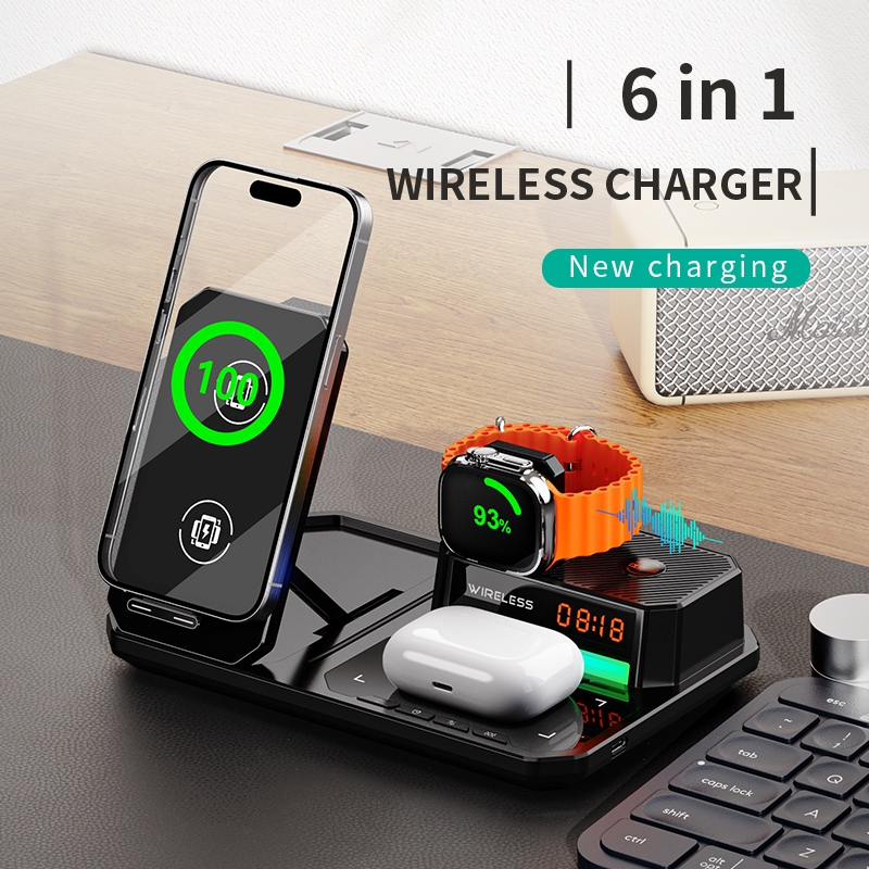 6 in 1 เครื่องชาร์จไร้สายลําโพงพับได้การเชื่อมต่อบลูทูธเล่นเพลงเครื่องชาร์จไร้สายเดสก์ท็อป