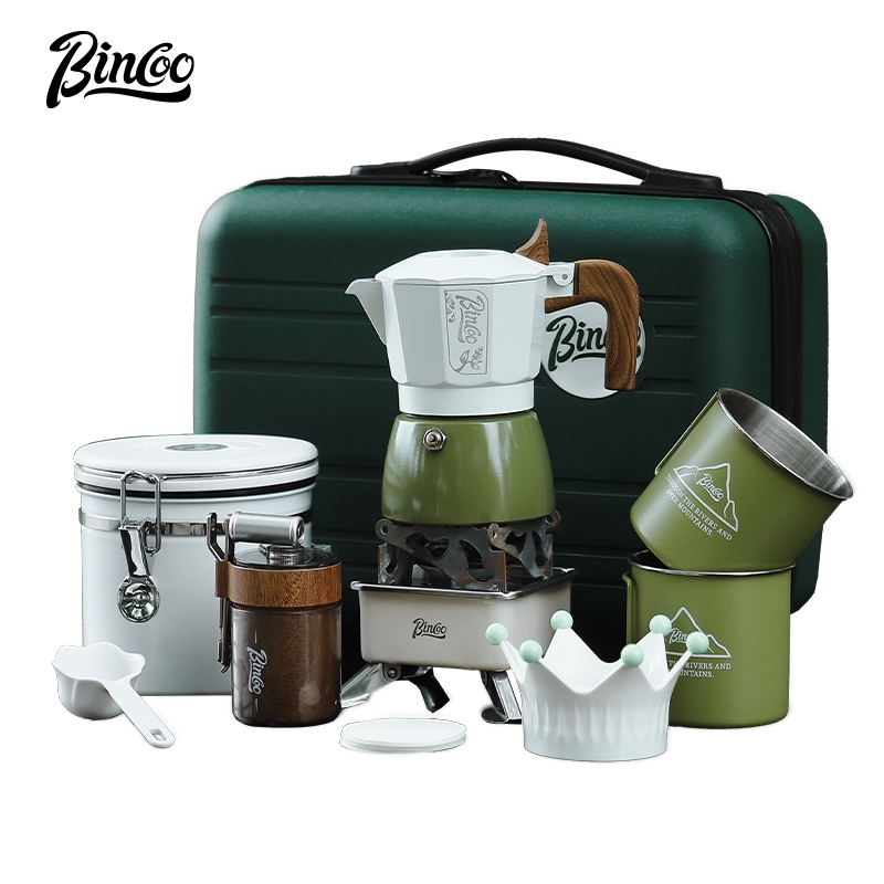 Bincoo Moka Pot Set Double Valve Coffee Pot ชุดเครื่องบดหม้อมอคค่าแบบพกพา 2 คนเครื่องชงกาแฟกลางแจ้ง
