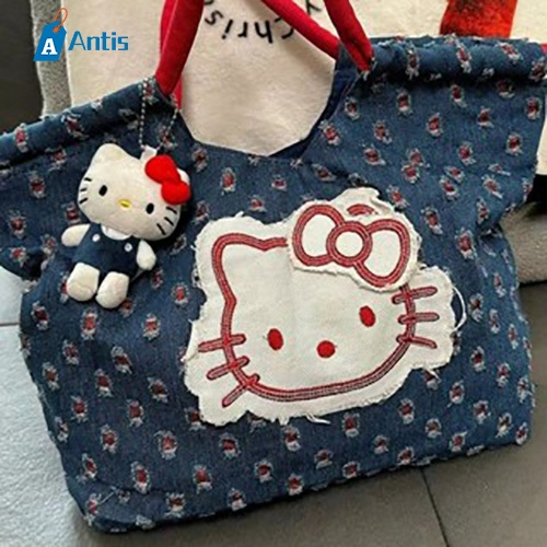 Antis กระเป๋าสะพายไหล่ผู้หญิงที่มีสไตล์เรียบง่าย Hellokitty Vintage Denim Tote Bag ความจุขนาดใหญ่