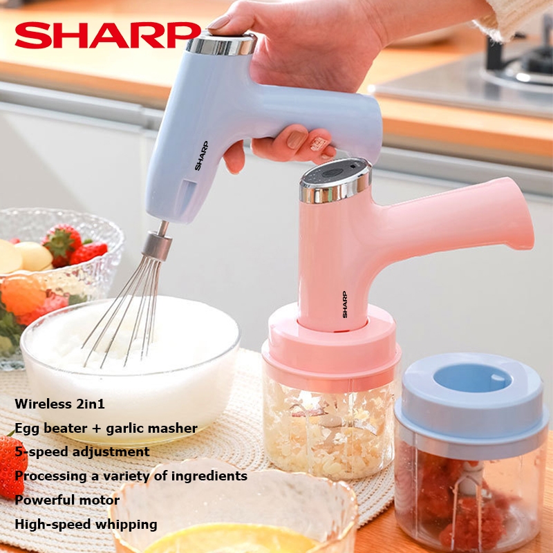 SHARP เครื่องผสมอาหาร เครื่องตีไข่ไฟฟ้าไร้สาย เครื่องตีไข่แบบมือถือ เครื่องผสมครีม ชาร์จ USB ปรับความเร็วได้สามระดับ เครื่องปั่นที่บ้าน
